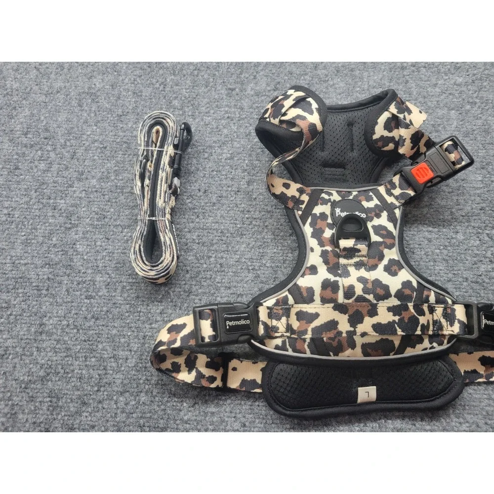 Petmolico Leopard Print Dog Harness Set with Leash and Poop Bag Holder Large
